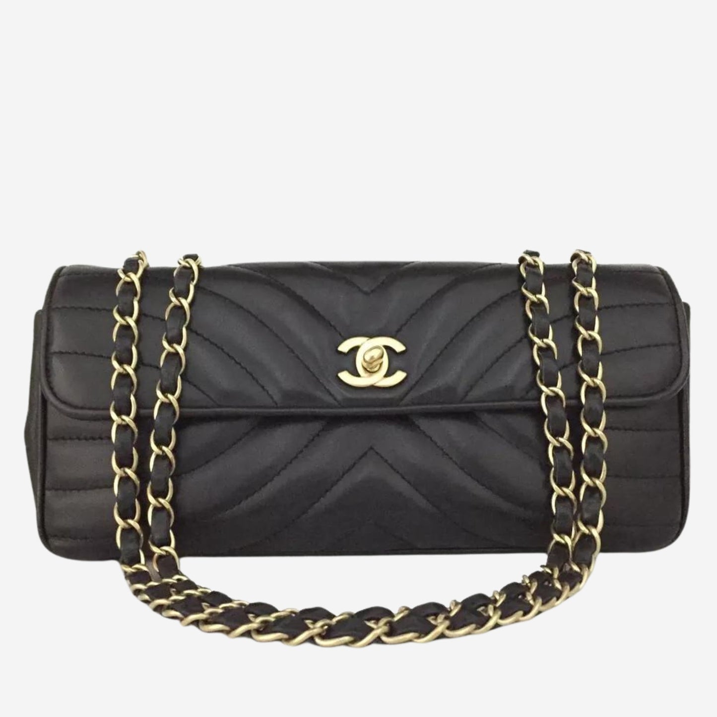 Chanel Black Chevron V Stitch East/West CC Turnlock Lambskin Chain Shoulder Bag