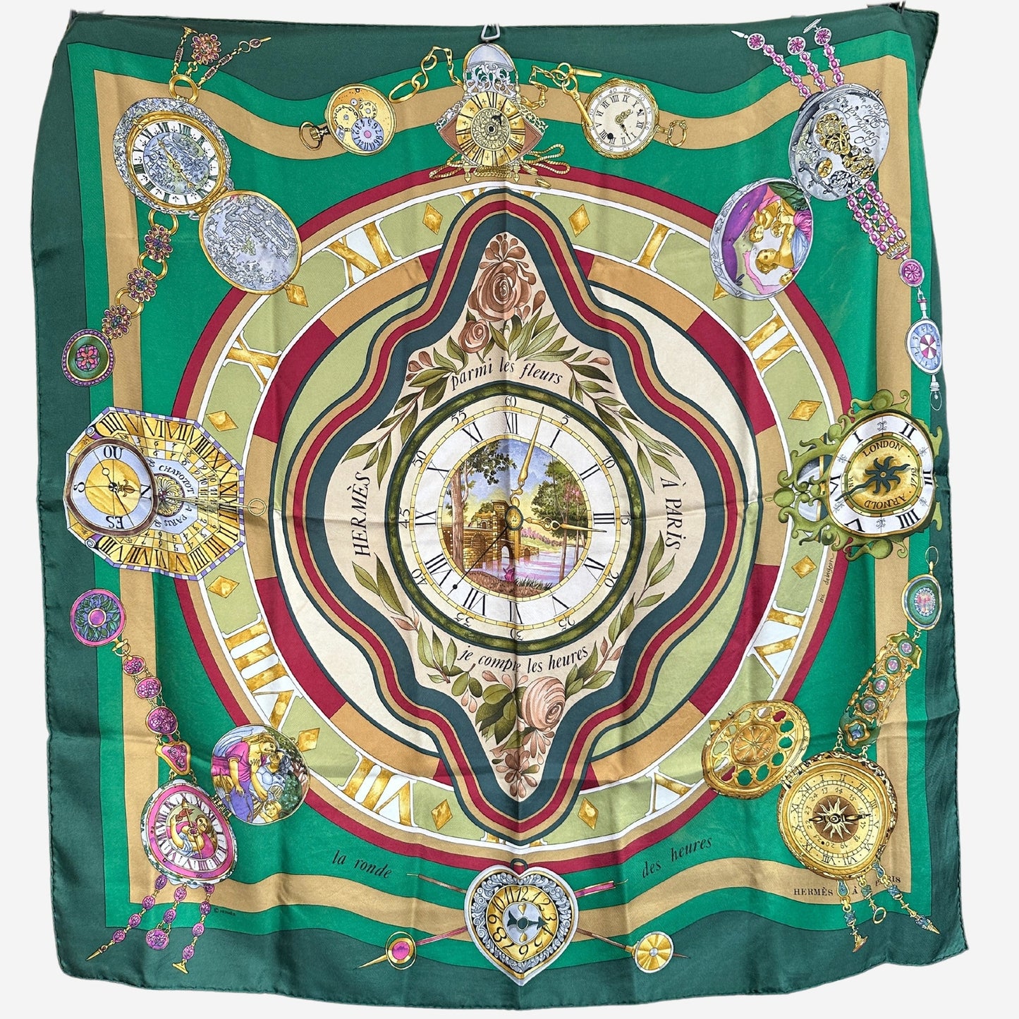 Hermes La Ronde des Heures/ Parmi les Fleurs Silk Scarf, Carre 90