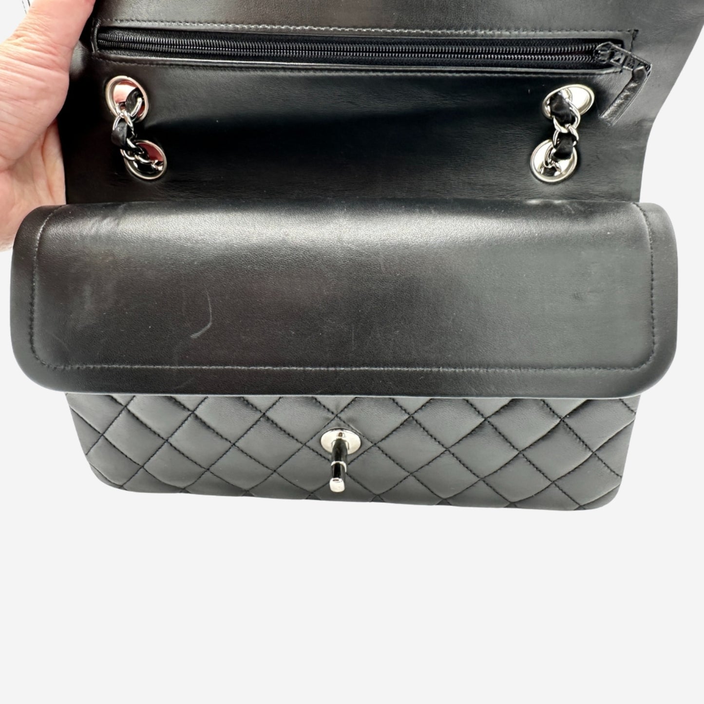 Chanel Medium Double Flap Black Lambskin with Silver Hardware