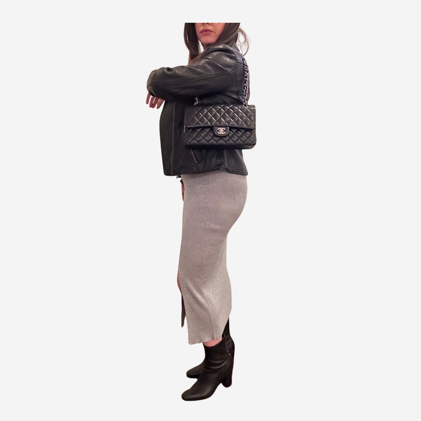 Chanel Medium Double Flap Black Lambskin with Silver Hardware