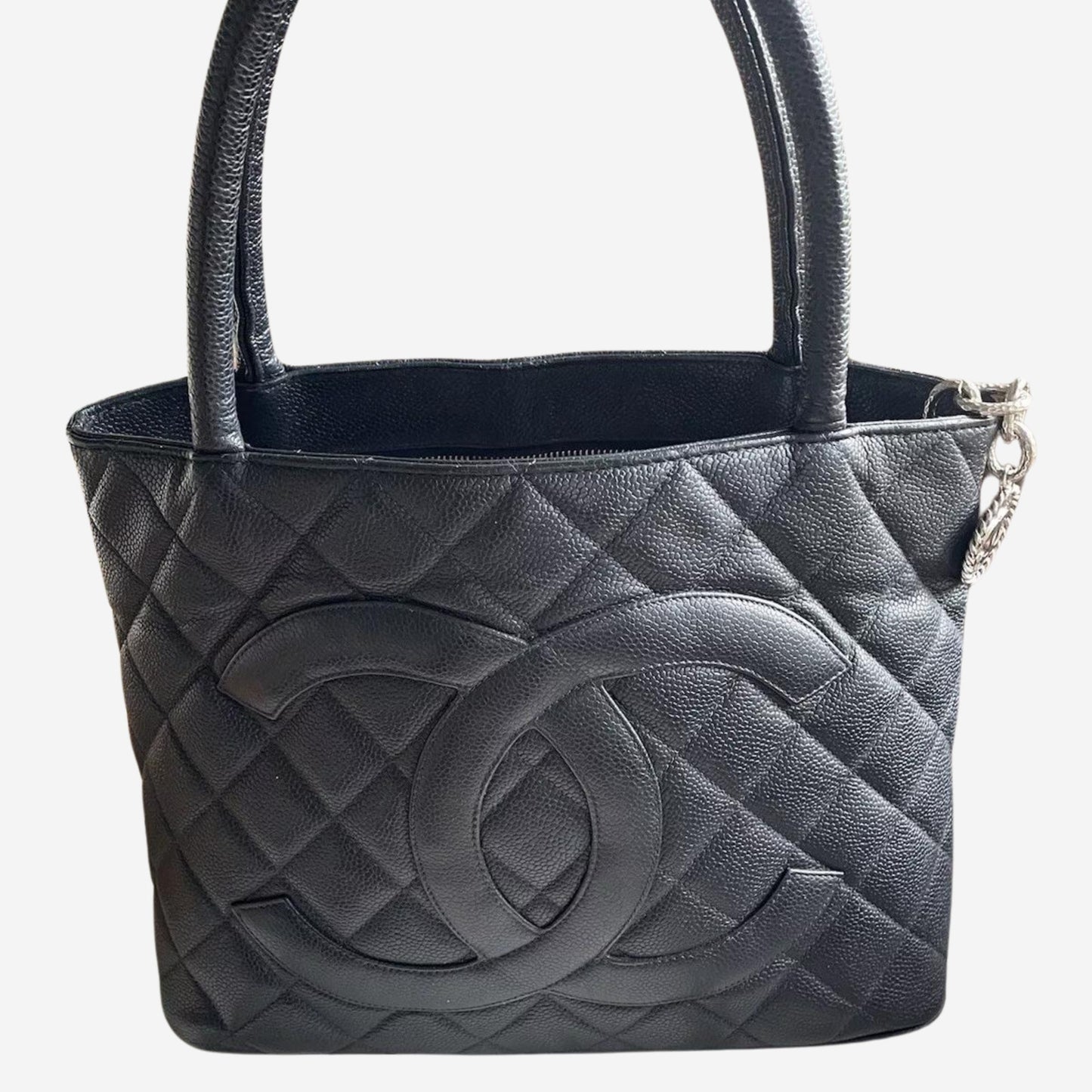 Chanel Medallion Tote Quilted Caviar Dark Navy With Silver Hardware