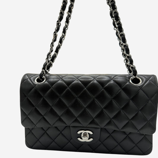 Chanel Medium Double Flap Black Lambskin with Silver Hardware