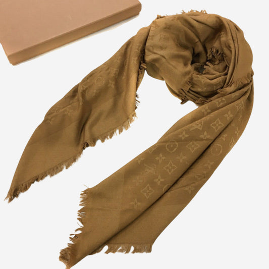Louis Vuitton Camel Classic Monogram Silk/Wool Blend Scarf Shawl