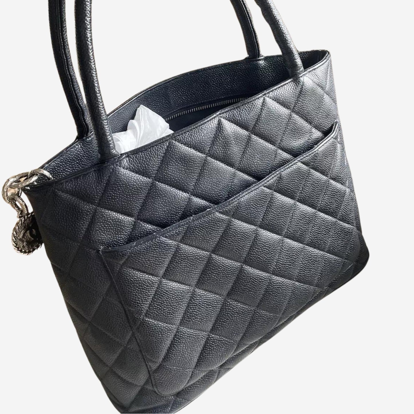 Chanel Medallion Tote Quilted Caviar Dark Navy With Silver Hardware