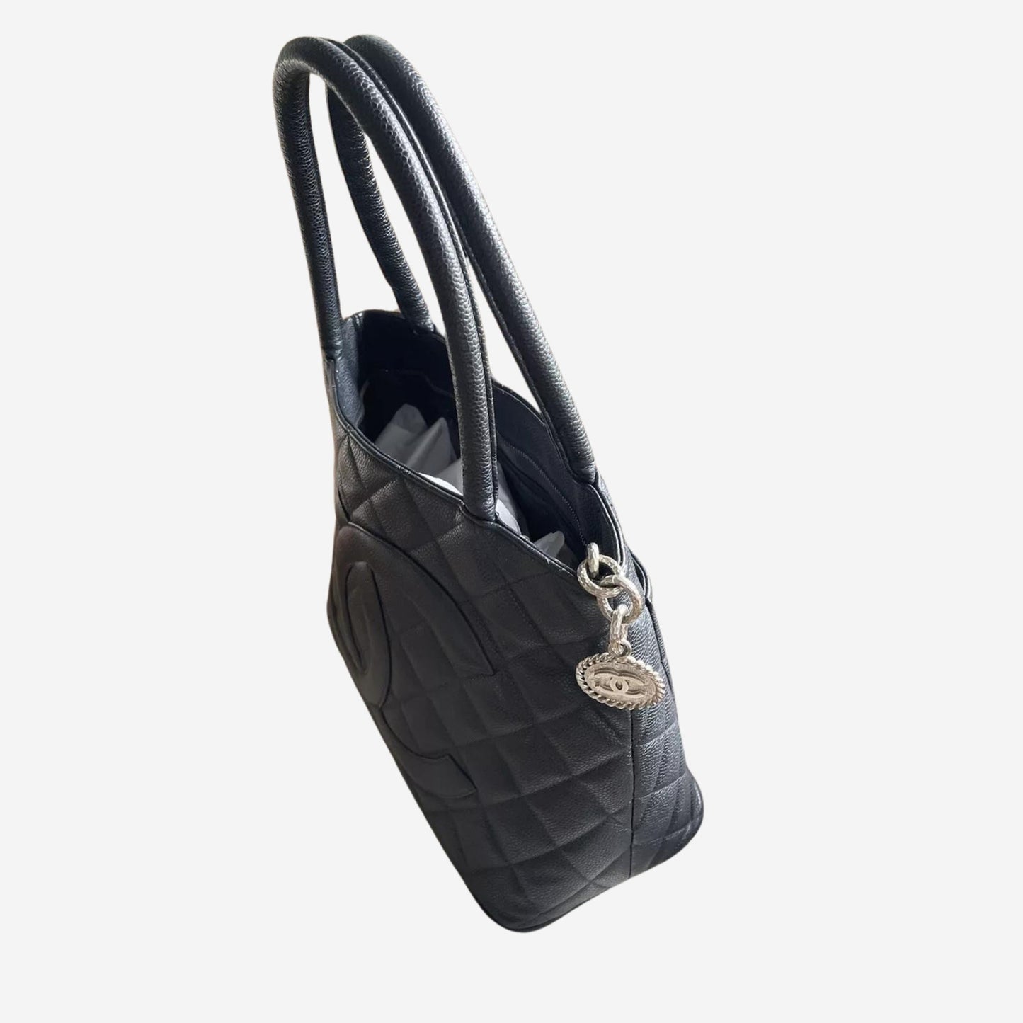 Chanel Medallion Tote Quilted Caviar Dark Navy With Silver Hardware