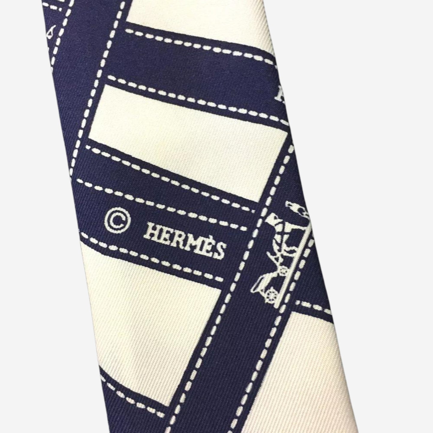 Hermes Bolduc White and Navy Silk Twilly