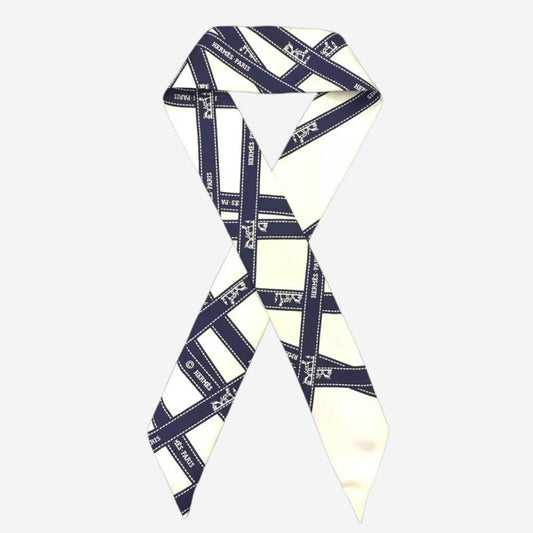 Hermes Bolduc White and Navy Silk Twilly